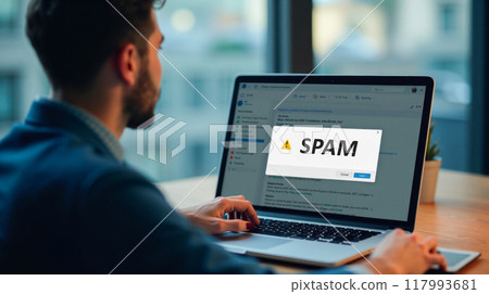 Man using laptop with spam alert on screen, internet security concept, email inbox protection, cyber safety message, unwanted mail notification, digital communication issue, electronic junk mail 117993681