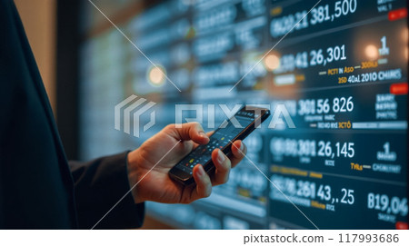 Man using smartphone for online currency conversion, international money transfers, and digital financial transactions. Fintech expert engaging in mobile banking, forex trading 117993686