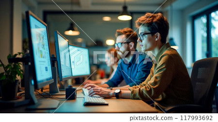 IT team collaboration in modern office, software developers at work, professional tech staff engaged in project development, computer specialists testing applications 117993692