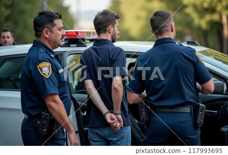 Police officers handcuffing man outdoors near squad car, law enforcement arrest, daytime criminal apprehension, public safety operation, justice system in action 117993695