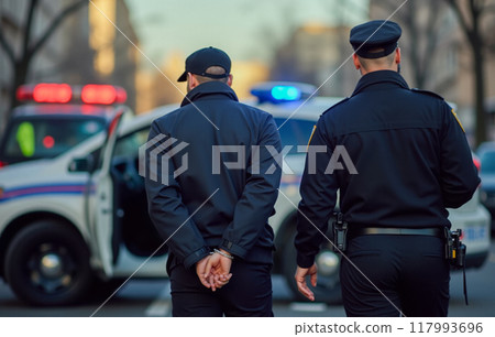 police officer conducting arrest on male suspect outdoors, secure handcuffing by patrol car captured in daylight setting, legal custody process without resistance depicted in urban environment 117993696
