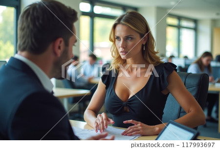 Young Attractive Woman in Office Wearing Revealing Clothes Engaging in Work Discussion with Colleague at Table with Papers Young Attractive Woman in Office Wearing Revealing Clothes Engaging in Work Discussion with Colleague at Table with Papers 117993697