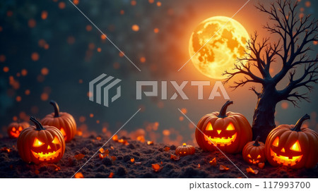 Halloween night scene with glowing jack-o-lanterns, barren tree, full moon, autumn twilight atmosphere, festive spooky landscape, orange pumpkin lights, seasonal celebration backdrop Halloween night scene with glowing jack-o-lanterns, barren tree, full moon, autumn twilight atmosphere, festive spooky landscape, orange pumpkin lights, seasonal celebration backdrop 117993700