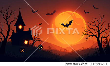 Halloween night scene with full moon, haunted house silhouette, flying bats, spooky trees, pumpkin and gravestones against twilight sky Halloween night scene with full moon, haunted house silhouette, flying bats, spooky trees, pumpkin and gravestones against twilight sky 117993701