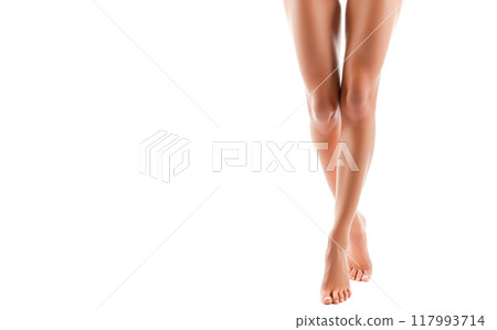 Attractive Slim Female Legs Body Care Elegance Smooth Soft Skin Health Wellness Beauty Routine Pampered Shapely Calves Toned Thighs Barefoot Standing Isolated White Background 117993714