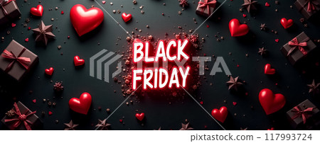 Black Friday Sale Neon Sign Red Hearts Gifts Dark Background Promotion Discount Shopping Holiday Celebration Retail Event Seasonal Offer Advertisement Commerce Marketing Black Friday Sale Neon Sign Red Hearts Gifts Dark Background Promotion Discount Shopping Holiday Celebration Retail Event Seasonal Offer Advertisement Commerce Marketing 117993724