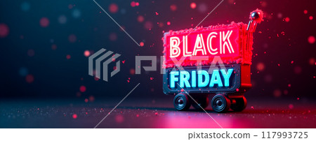 Black Friday Sale Concept with Mini Cart, Discount Online Shopping Event, Red White Sparkles, Dark Setting, Retail Promotion Display. Internet sale Black Friday Sale Concept with Mini Cart, Discount Online Shopping Event, Red White Sparkles, Dark Setting, Retail Promotion Display. Internet sale 117993725