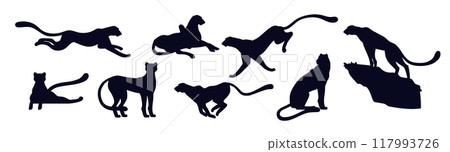 African cheetah various poses silhouette icons set, big wild cat leopard with long tail, fastest exotic animal predator 117993726