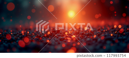 Glowing embers and sparks against blurred sunset, warm fiery particles on ground, vivid orange and red bokeh background, abstract heat concept Glowing embers and sparks against blurred sunset, warm fiery particles on ground, vivid orange and red bokeh background, abstract heat concept 117993754