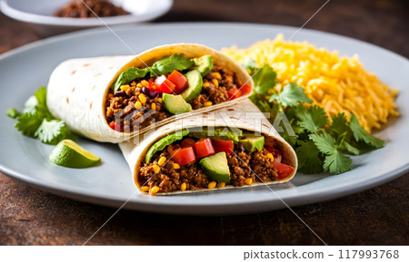 Delicious Mexican Burrito Stuffed Savory Ground Beef Sweet Corn Fresh Tomatoes Wrapped Soft Tortilla Served Plate Garnished Lime Wedges Lettuce 117993768