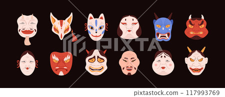 Set of different kabuki masks or makeup flat style, vector illustration Set of different kabuki masks or makeup flat style, vector illustration 117993769