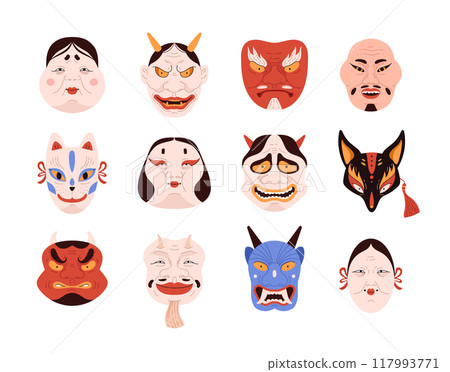 Collection of masks from the Japanese kabuki theater. 117993771