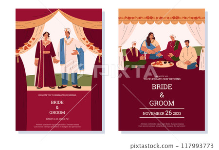 Set of invitations for Indian wedding celebration flat style Set of invitations for Indian wedding celebration flat style 117993773