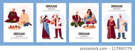 Set of vector posters with Indian wedding characters. 117993779