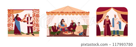A set of three vector illustrations depicting an Indian wedding ceremony on a white background A set of three vector illustrations depicting an Indian wedding ceremony on a white background 117993780