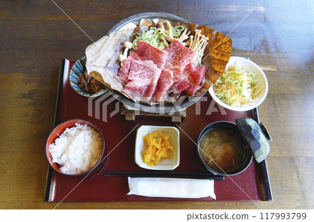 Hida local cuisine: Hida beef and magnolia leaf miso meal Hida local cuisine: Hida beef and magnolia leaf miso meal 117993799