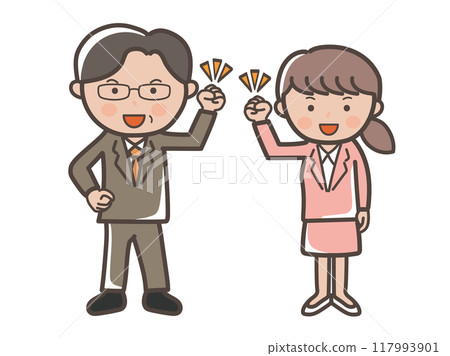 西裝革履的男女商人捶拳炫耀全身插畫_上司與下屬套裝 117993901