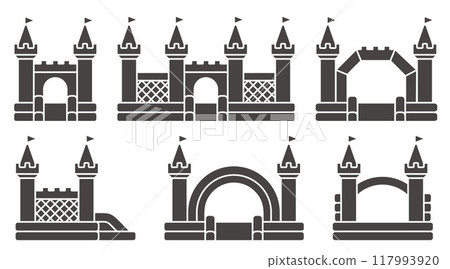 Bouncy castle icons set. Inflatable house pictograms with slide for air trampoline park and children playground. Inflated equipment for amusement park and kids zone. Vector glyph illustration Bouncy castle icons set. Inflatable house pictograms with slide for air trampoline park and children playground. Inflated equipment for amusement park and kids zone. Vector glyph illustration 117993920