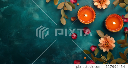 Colorful banner with traditional oil lamps and flowers 117994434