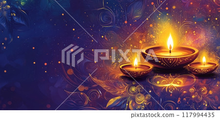 Colorful bokeh banner with traditional oil lamps and flowers 117994435