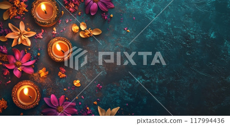 Colorful banner with traditional oil lamps and flowers 117994436