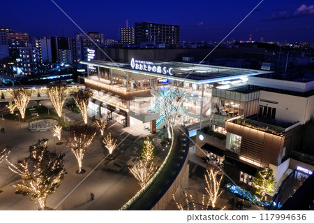 Illuminated pedestrian bridge at night 117994636