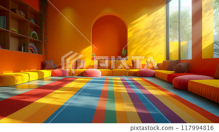 Colorful Playground kindergarten indoor at school for kids play house equipments material in empty room 117994816