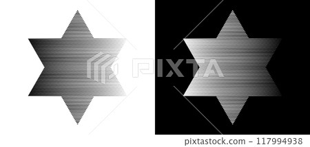 Modern abstract background with lines in David star shape. Trendy striped logo, design element or icon. A black figure on a white background and an equally white figure on the black side. 117994938