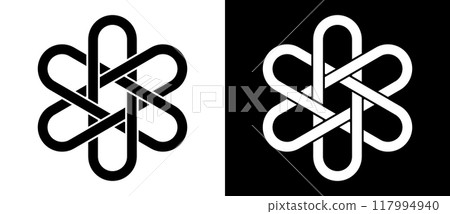 Hexagon shape with rounded lines. Abstract geometric art lines background, logo or icon. Black shape on a white background and the same white shape on the black side. Hexagon shape with rounded lines. Abstract geometric art lines background, logo or icon. Black shape on a white background and the same white shape on the black side. 117994940