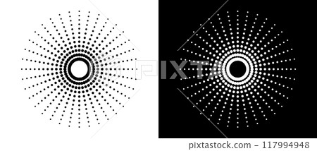 Art sun background. Icon template or logo with halftone dotted lines. Black shape on a white background and the same white shape on the black side. 117994948