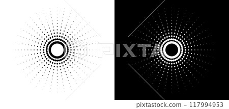 Art sun background. Icon template or logo with halftone dotted lines. Black shape on a white background and the same white shape on the black side. 117994953