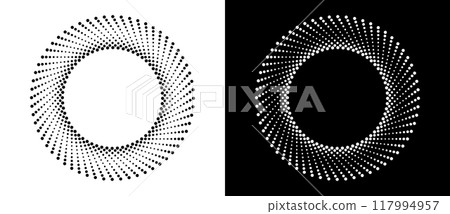 Art sun background. Icon template or logo with halftone dotted lines. Black shape on a white background and the same white shape on the black side. Art sun background. Icon template or logo with halftone dotted lines. Black shape on a white background and the same white shape on the black side. 117994957