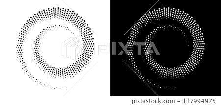 Modern abstract background. Halftone dots in circle form. Spiral logo, design element or icon. Vector dotted frame. A black figure on a white background and an equally white figure on the black side. 117994975