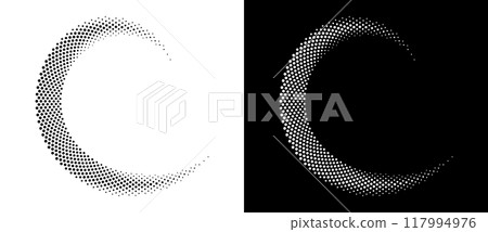 Modern abstract background. Halftone dots in circle form. Spiral logo, design element or icon. Vector dotted frame. A black figure on a white background and an equally white figure on the black side. 117994976