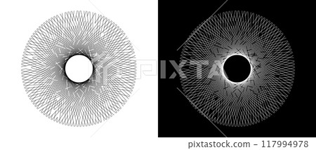 Art sun concept background. Icon template or logo with lines. Black shape on a white background and the same white shape on the black side. 117994978