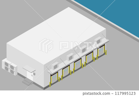 Isometric image of a refrigerated warehouse near the sea Isometric image of a refrigerated warehouse near the sea 117995123