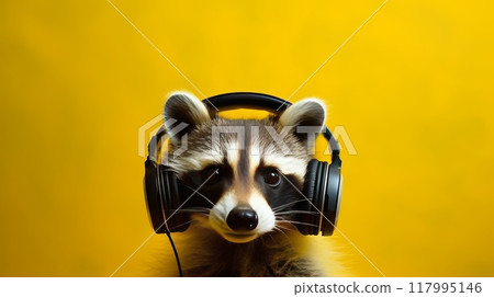 Cute raccoon dj wearing headphones with space for text on vibrant yellow background banner 117995146