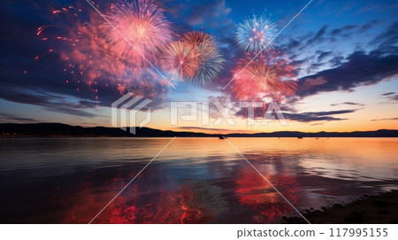 Explosive display. A spectacular wide shot of colorful fireworks filling the night sky 117995155