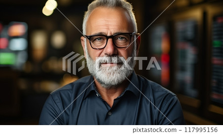 Professional middle-aged businessman in suit observing stock market trends on multiple screens 117995156