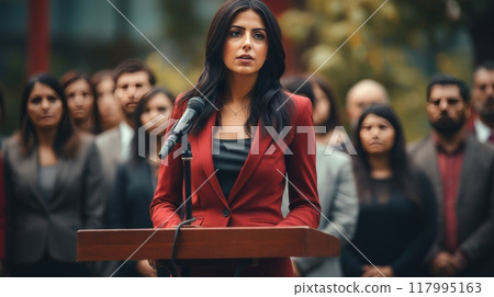 Confident businesswoman delivering keynote address at conference with diverse audience Confident businesswoman delivering keynote address at conference with diverse audience 117995163