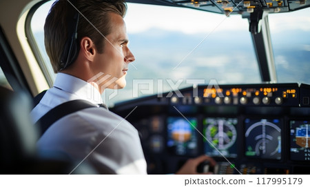 Experienced pilot of international flight in cockpit with vehicle dashboard commands and monitors 117995179