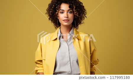 Fashionable woman wearing chic yellow jacket posing on vibrant orange background with space for text Fashionable woman wearing chic yellow jacket posing on vibrant orange background with space for text 117995180