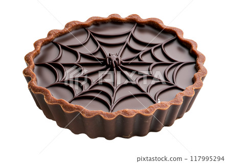 Chocolate tart with glossy spider web design and spider decoration isolated on white transparent background. Concept of Halloween dessert 117995294