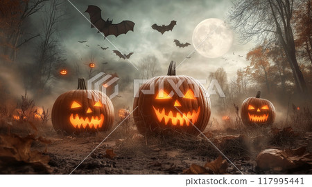 Halloween background with pumpkin. Spooky Halloween pumpkins and bats in the forest at night. AI-generated item  117995441