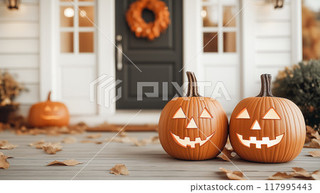 Halloween pumpkin decorations. Halloween decorated at front yard of a home.  AI-generated item 117995443