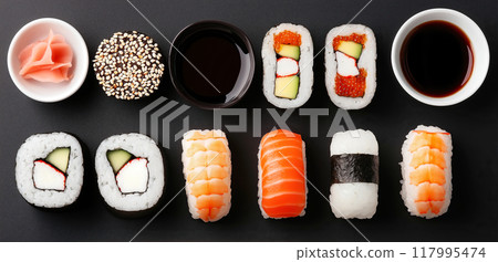 Typical Japanese set of sushi food with copy space. Set of sushi food with copy space. AI-generated item  Typical Japanese set of sushi food with copy space. Set of sushi food with copy space. AI-generated item  117995474