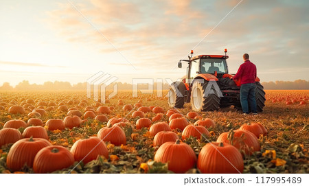 Farmer on tractor harvesting pumpkin. Process of gathering a ripe crop.  AI-generated item  117995489