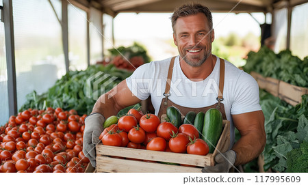 Handsome smiling farmer holding a box of organic vegetables against the backdrop of his farm in the sunlight. Farmer with basket full of fresh harvest in his hands.  AI-generated item 117995609