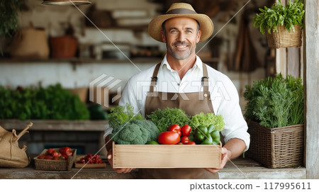 Handsome smiling farmer holding a box of organic vegetables against the backdrop of his farm in the sunlight. Farmer with basket full of fresh harvest in his hands.  AI-generated item 117995611