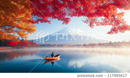 Colorful autumn season and Mount Fuji with morning fog, red maple leaves and boat on Lake Kawaguchiko.  AI-generated item 117995617